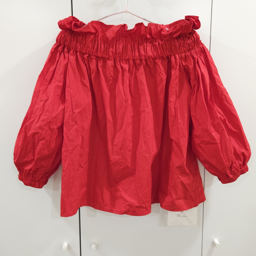 NWT Boho Red Babydoll Top – Off Shoulder 3/4 Puff Sleeve Flowy A-Line